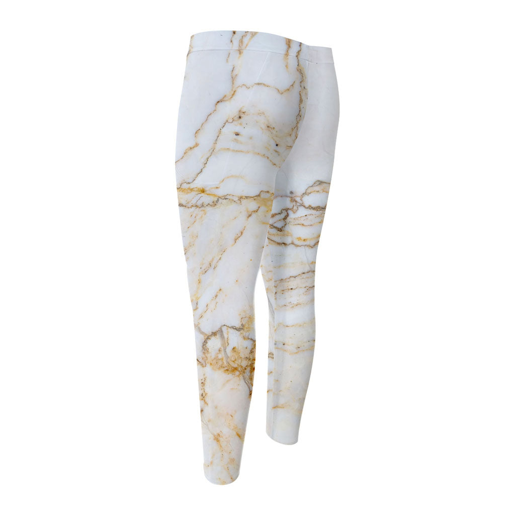 White Brown Grunge Marble Print Men's Compression Pants