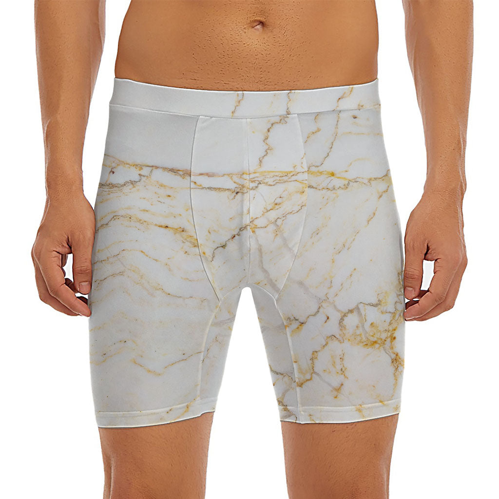 White Brown Grunge Marble Print Men's Long Boxer Briefs
