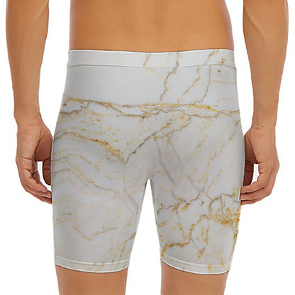 White Brown Grunge Marble Print Men's Long Boxer Briefs