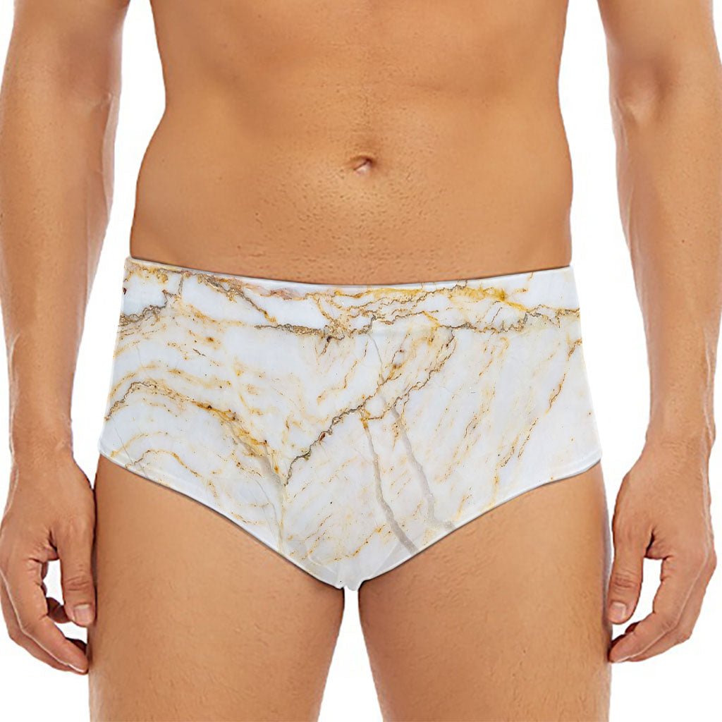 White Brown Grunge Marble Print Men's Triangle Swim Briefs