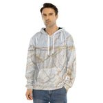 White Brown Grunge Marble Print Men's Velvet Pullover Hoodie