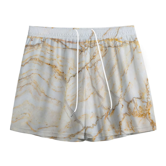 White Brown Grunge Marble Print Mesh Shorts