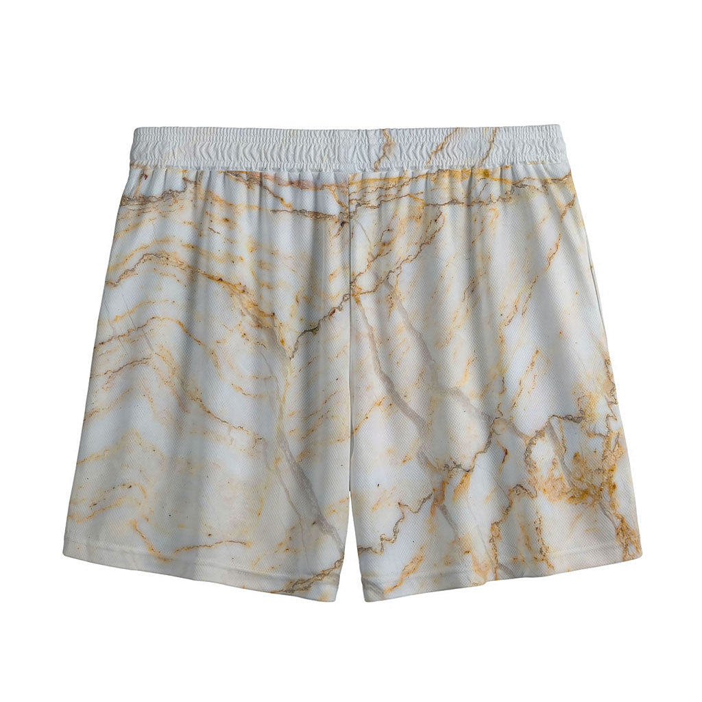 White Brown Grunge Marble Print Mesh Shorts