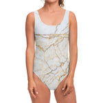 White Brown Grunge Marble Print One Piece Swimsuit