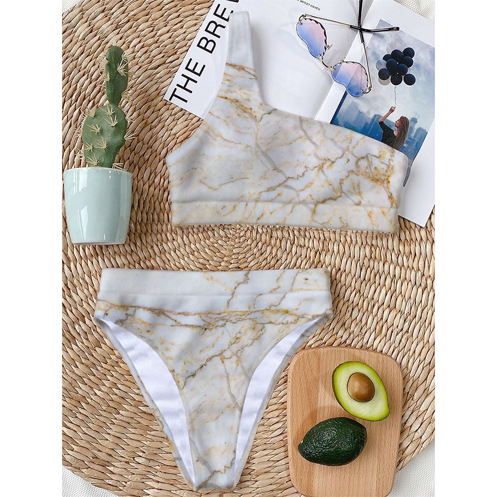 White Brown Grunge Marble Print One Shoulder Bikini Top
