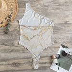 White Brown Grunge Marble Print One Shoulder Bodysuit