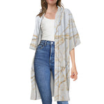 White Brown Grunge Marble Print Open Front Beach Cover Up