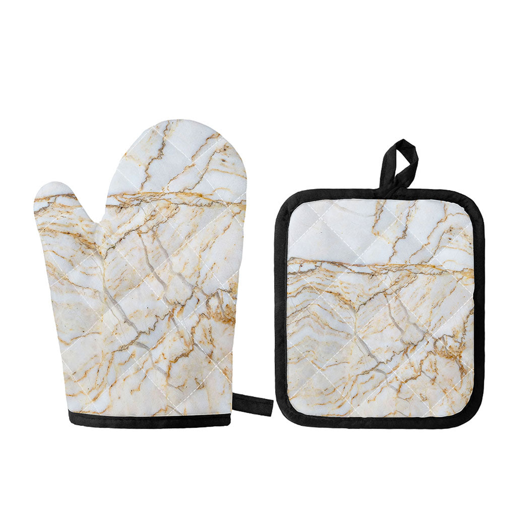 White Brown Grunge Marble Print Oven Mitt And Pot Holder Set