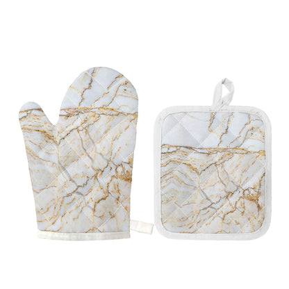 White Brown Grunge Marble Print Oven Mitt And Pot Holder Set