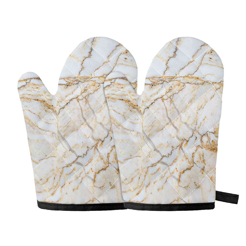 White Brown Grunge Marble Print Oven Mitts