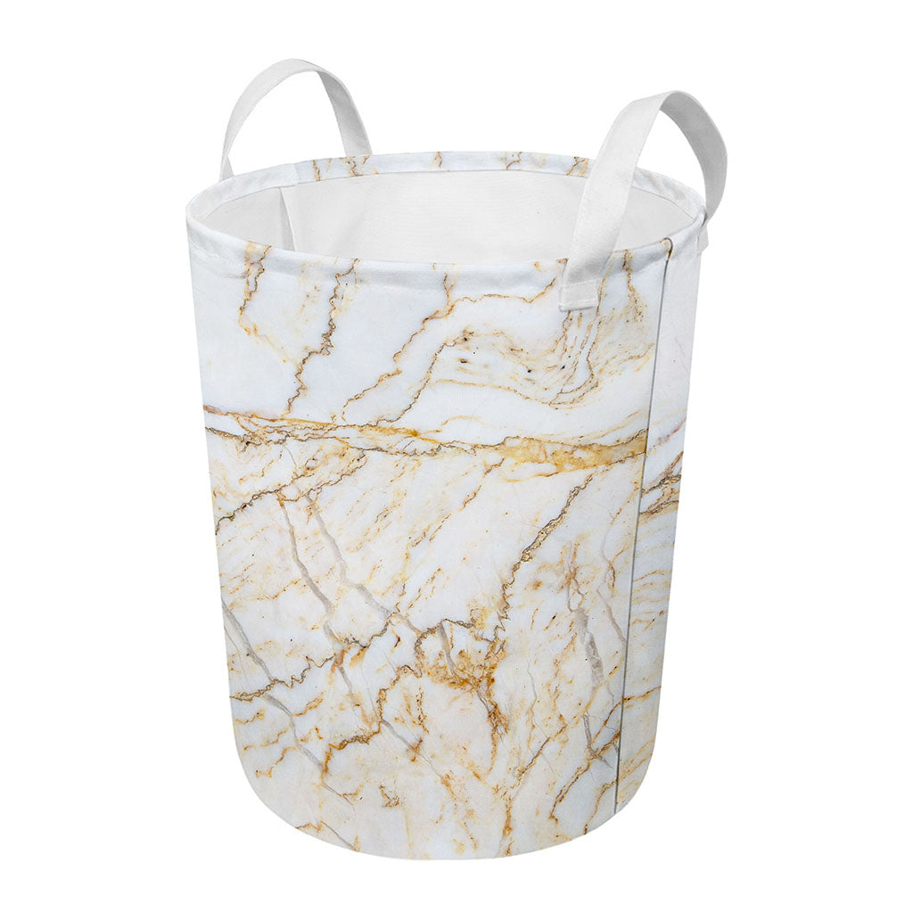 White Brown Grunge Marble Print Round Laundry Basket