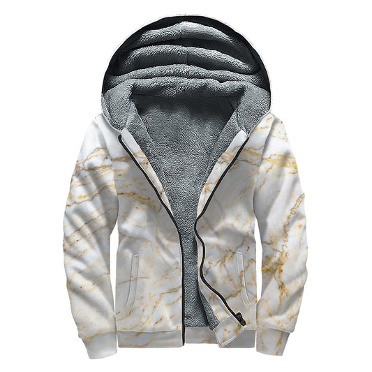 White Brown Grunge Marble Print Sherpa Lined Zip Up Hoodie