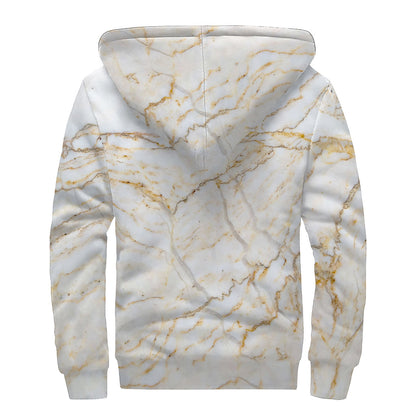 White Brown Grunge Marble Print Sherpa Lined Zip Up Hoodie