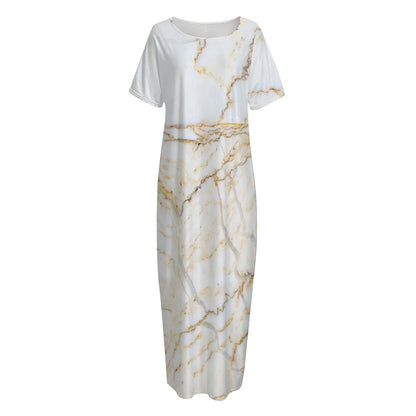 White Brown Grunge Marble Print Short Sleeve Long Nightdress