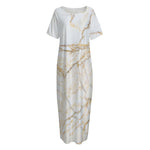White Brown Grunge Marble Print Short Sleeve Long Nightdress