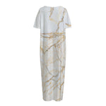 White Brown Grunge Marble Print Short Sleeve Long Nightdress