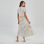 White Brown Grunge Marble Print Short Sleeve Maxi Dress