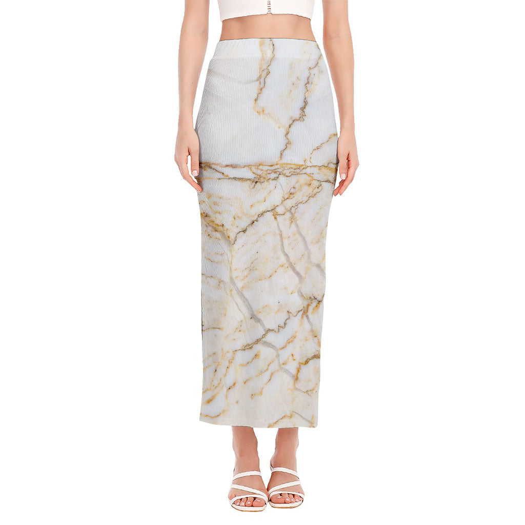 White Brown Grunge Marble Print Side Slit Maxi Skirt