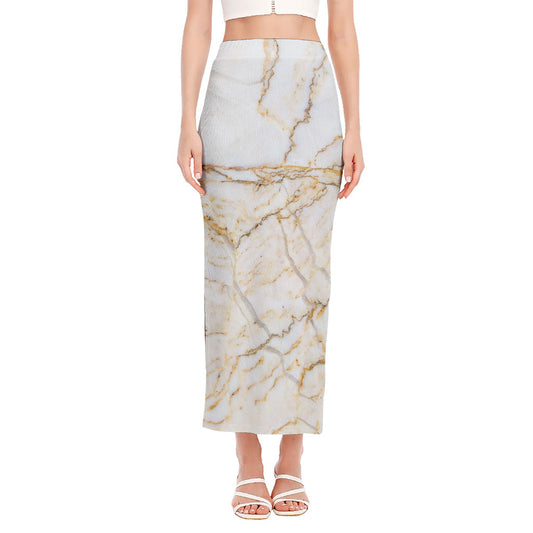 White Brown Grunge Marble Print Side Slit Maxi Skirt