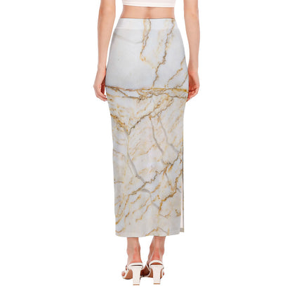 White Brown Grunge Marble Print Side Slit Maxi Skirt