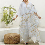 White Brown Grunge Marble Print Silk V-Neck Kaftan Dress