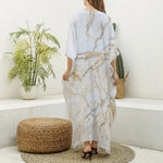 White Brown Grunge Marble Print Silk V-Neck Kaftan Dress