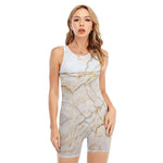 White Brown Grunge Marble Print Sleeveless One Piece Swimsuit