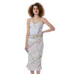White Brown Grunge Marble Print Slim Fit Midi Cami Dress