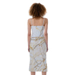 White Brown Grunge Marble Print Slim Fit Midi Cami Dress