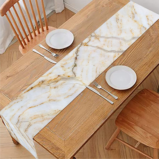 White Brown Grunge Marble Print Table Runner