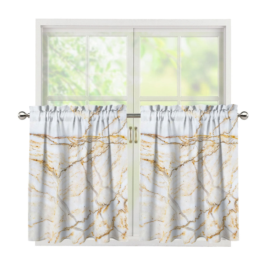 White Brown Grunge Marble Print Tier Curtains