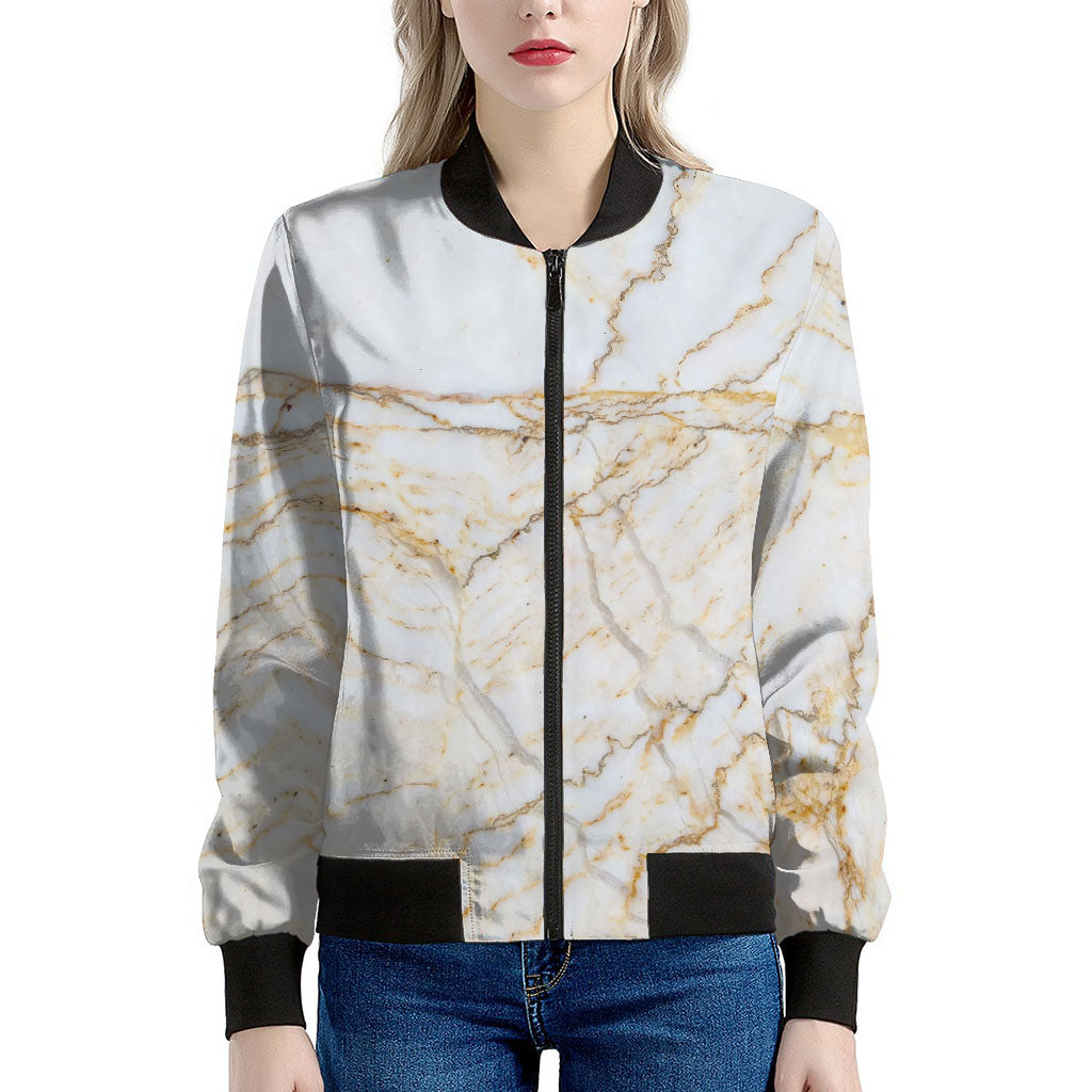 White Brown Grunge Marble Print Women's Bomber Jacket