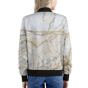 White Brown Grunge Marble Print Women's Bomber Jacket