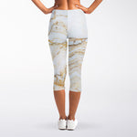 White Brown Grunge Marble Print Women's Capri Leggings