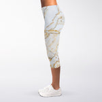 White Brown Grunge Marble Print Women's Capri Leggings