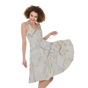 White Brown Grunge Marble Print Sleeveless Knee Length Dress