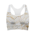 White Brown Grunge Marble Print Women's Sports Bra
