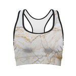 White Brown Grunge Marble Print Women's Sports Bra