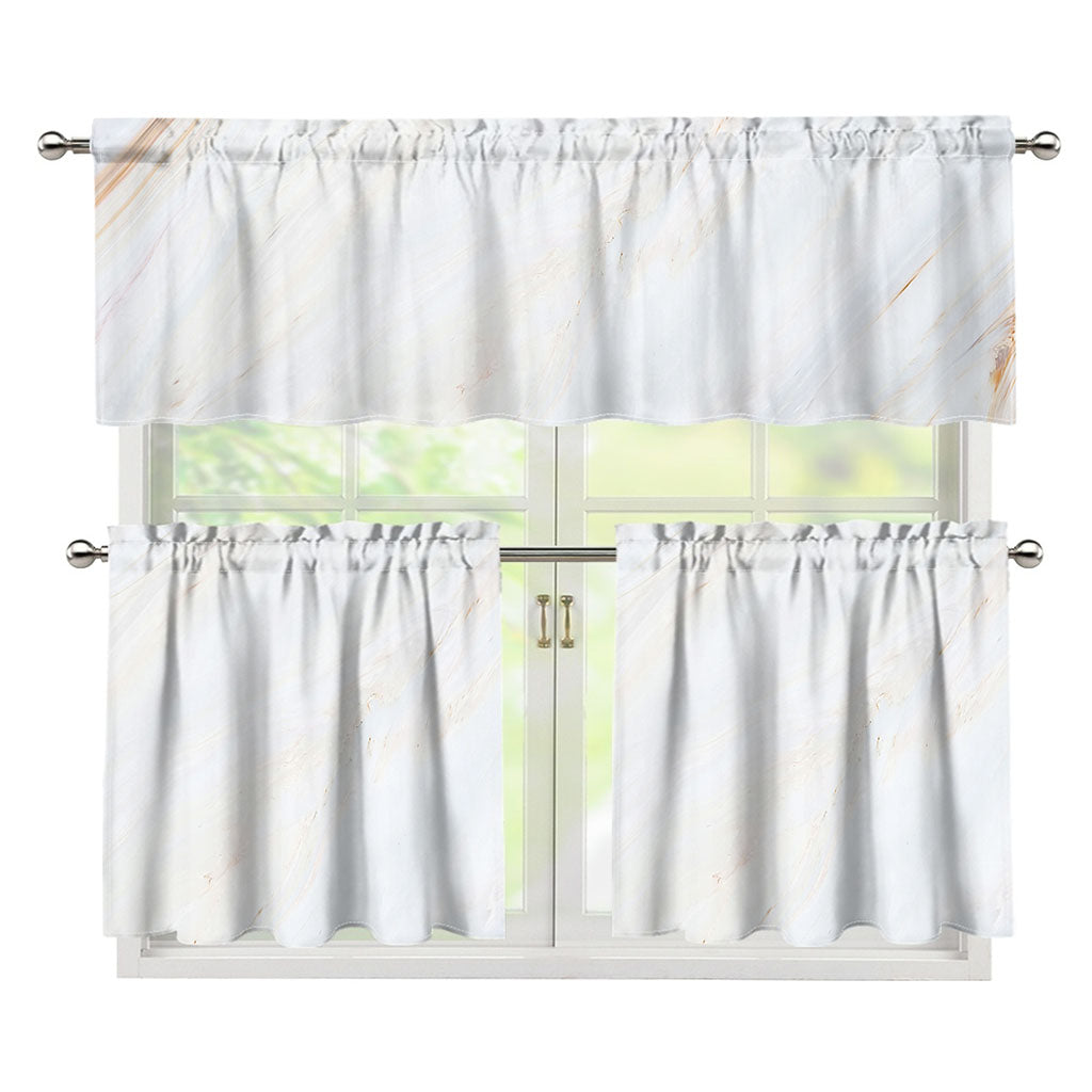 White Brown Smooth Marble Print 3 Piece Kitchen Curtains
