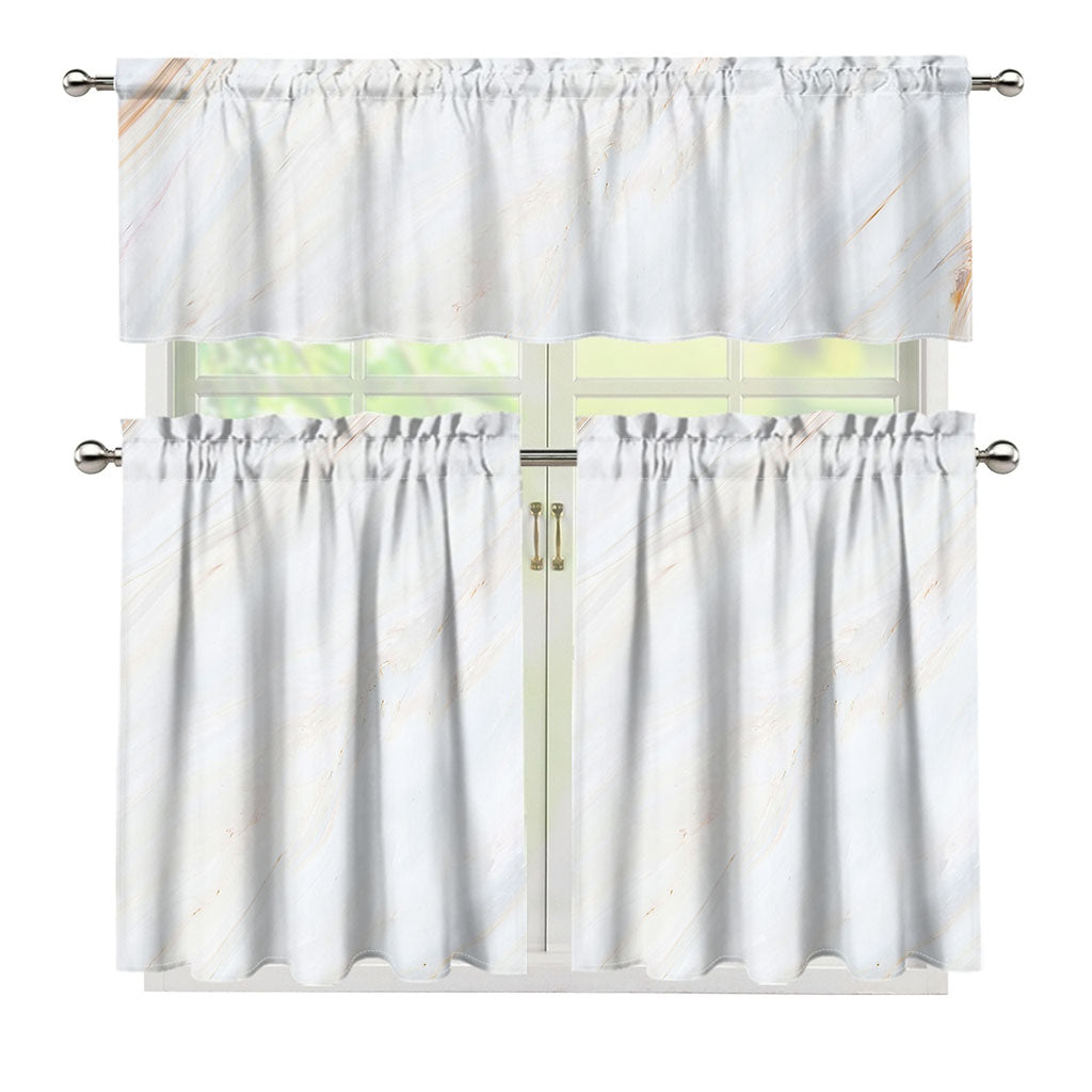 White Brown Smooth Marble Print 3 Piece Kitchen Curtains