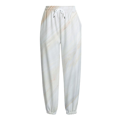 White Brown Smooth Marble Print Fleece Lined Knit Pants