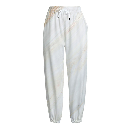 White Brown Smooth Marble Print Fleece Lined Knit Pants