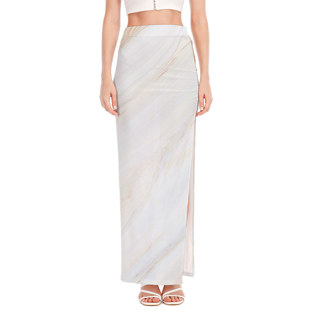 White Brown Smooth Marble Print High Slit Maxi Skirt