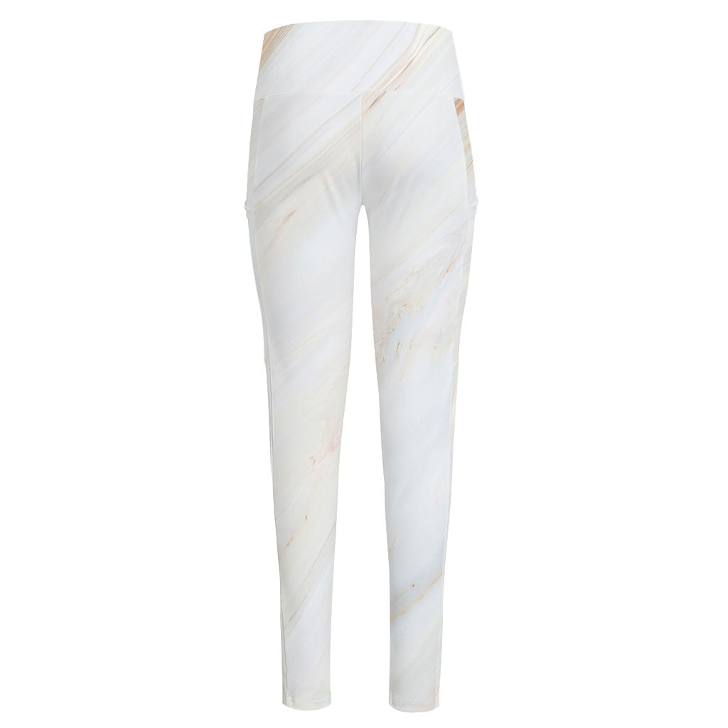 White Brown Smooth Marble Print High-Waisted Pocket Leggings