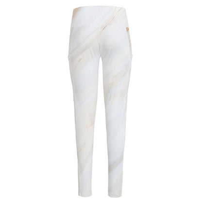 White Brown Smooth Marble Print High-Waisted Pocket Leggings