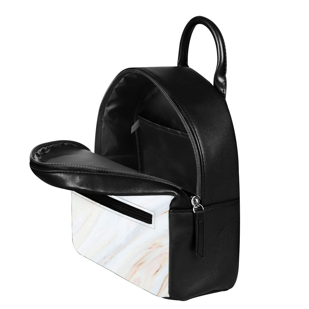 White Brown Smooth Marble Print Leather Backpack