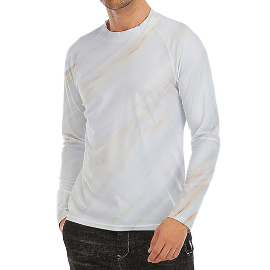 White Brown Smooth Marble Print Men's Long Sleeve Rash Guard