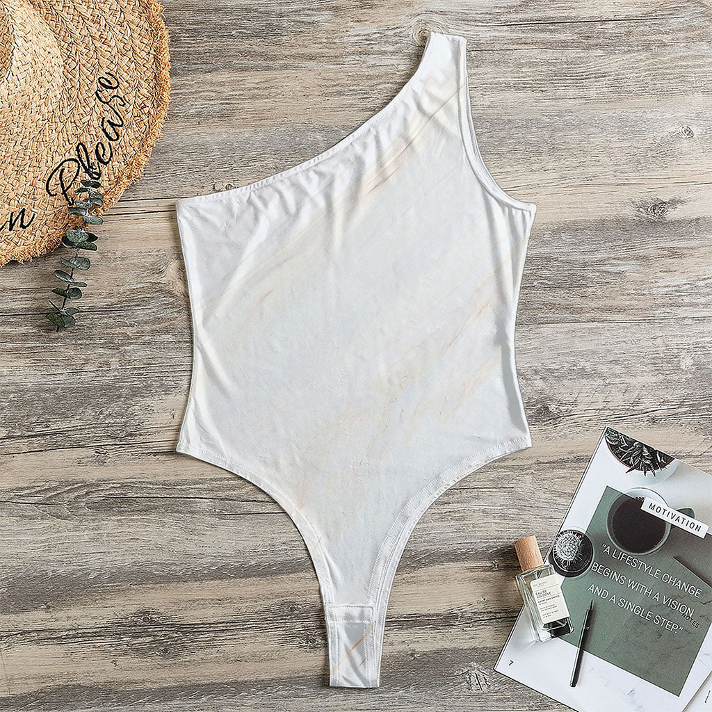 White Brown Smooth Marble Print One Shoulder Bodysuit