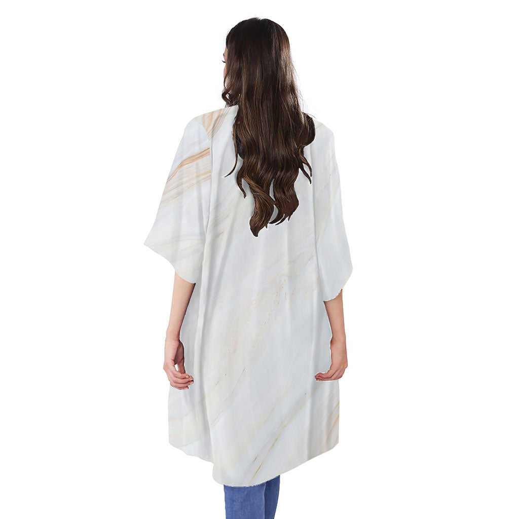 White Brown Smooth Marble Print Open Front Beach Cover Up