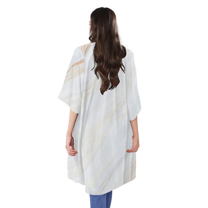 White Brown Smooth Marble Print Open Front Beach Cover Up